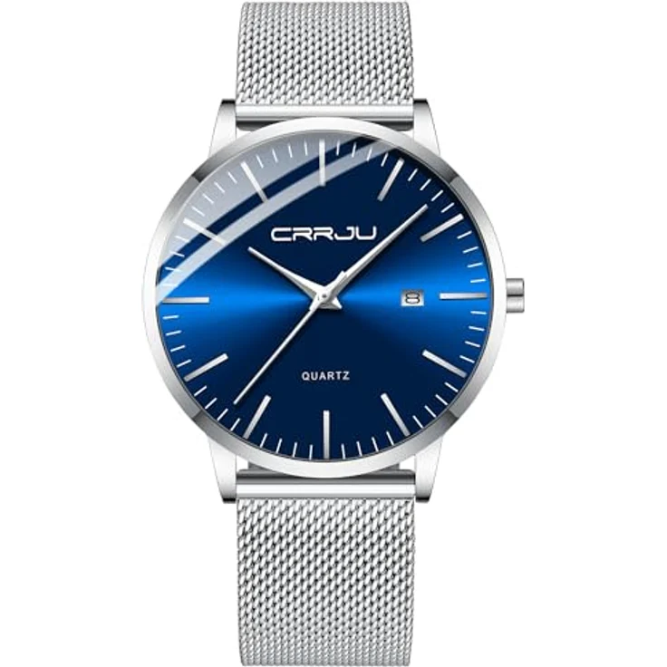 CRRJU Ultra Dünne Herren Uhr, Wasserdichte Armbanduhr mit Schwarz Edelstahl Meshband, Analog Quarz, Silber Blau – Bild 1