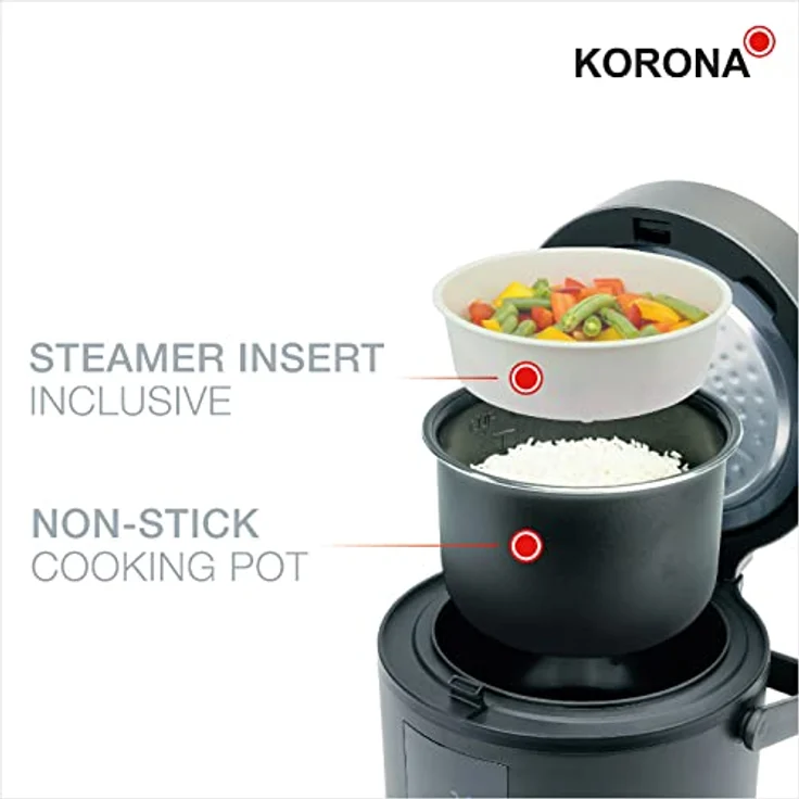 Korona 58011 Reiskocher, 300 Watt, 1,6 Liter, Dampfgarer, Warmhaltefunktion, LED Display, Touch, Buttons, Antihaftbeschichtung, Messbecher, schwarz – Bild 5