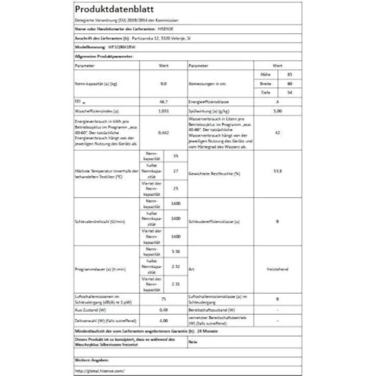 Hisense WF-1-Q-9041-BW, 9 kg Waschmaschine mit Energieeffizienzklasse A, Dampfwäsche und 15-Minuten-Programm, weiß – Bild 17