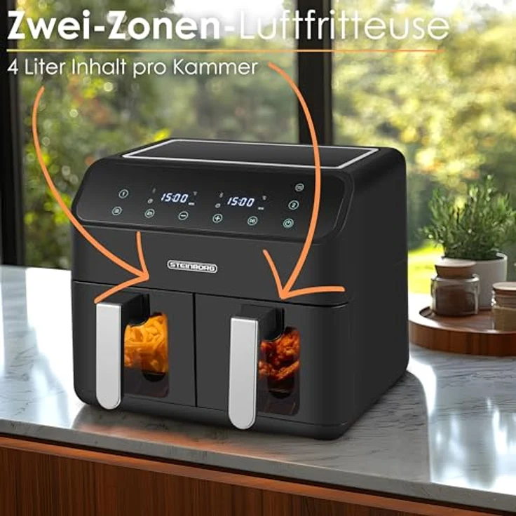 Steinborg Heißluftfritteuse 2 Kammern 8 Liter XXL Air Fryer 4 in 1 Mini Backofen, 2000 Watt, Antihaftbeschichtung, Umweltfreundlich - Schwarz – Bild 3