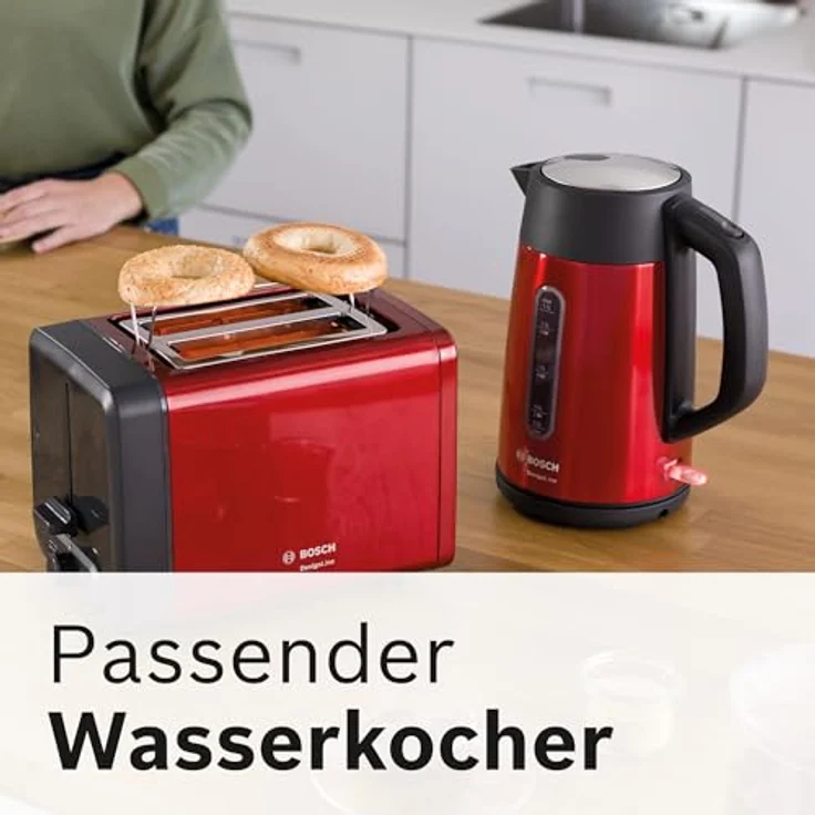 Bosch TAT4P424DE DesignLine Kompakt-Toaster, Auftau-Aufwärmfunktion, versenkbarer Brötchenaufsatz, Abschaltautomatik, 970 W, rot – Bild 6