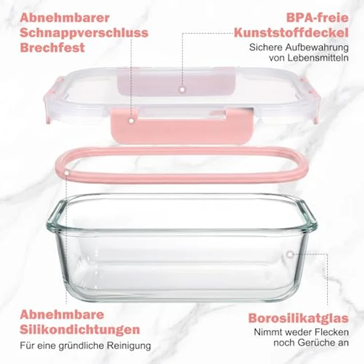 YASHE Glasbehälter Set mit Deckel, 10-teilig, stapelbar, luftdicht, BPA-frei, Rosa, für Mikrowelle, Gefrierschrank & Spülmaschine – Bild 3