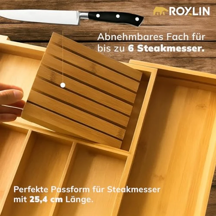 Roxlin Besteckkasten Bambus, Messerhalter und Schubladen Organizer, 57 cm x 43 cm, Farbe Natur – Bild 4