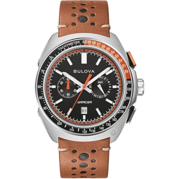 Bulova Herrenuhr Chronograph Racer Braun/Schwarz 98B427, Lederarmband und Antireflex-Saphir Uhrglas – Bild 1