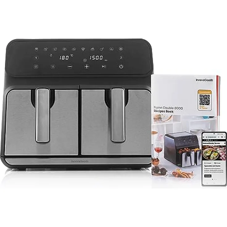 InnovaGoods® Heißluftfritteuse 8L, airfryer 3400W, 100 Rezepten auf DE, heissluftfriteuse mit 10 Programmen, zeitschaltuhr, Berührungsbildschirm, und 360° Luftstrom, air fryer 2 unabhängige Kochzonen