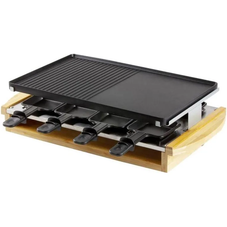 Domo DO9246G Raclette Bamboo, 1200W, Antihaftbeschichtung, Kontrollleuchte, inkl. 8 kleine Pfännchen und 4 XL Pfännchen, schwarz
