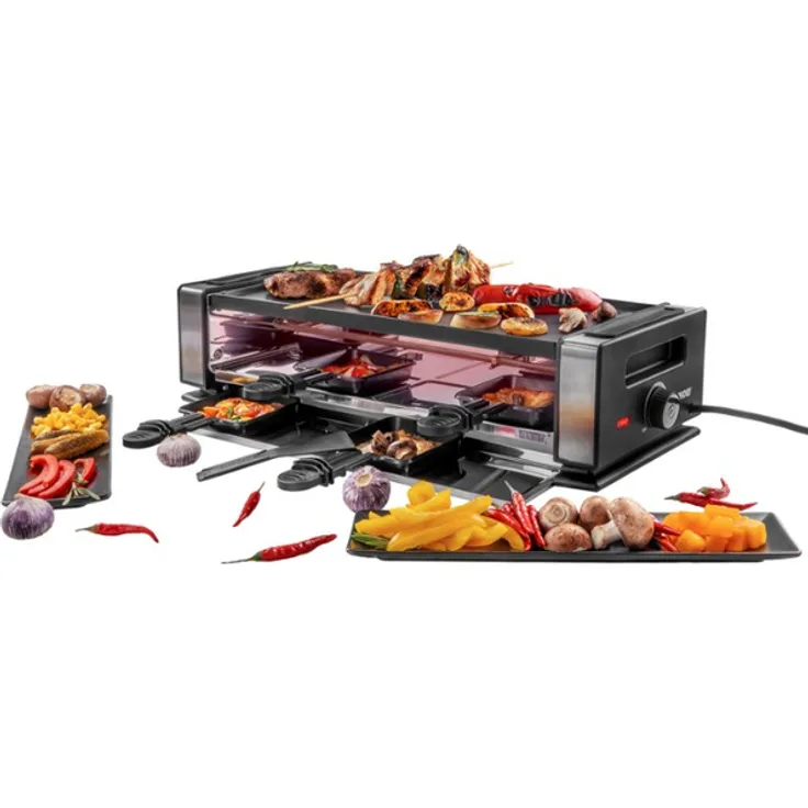 Unold 48730 Raclette Finesse Basic Raclette, 1200W, Antihaftbeschichtung, 8 Pfännchen, 38 x 19,5cm Grillplatte, inkl. 8 Pfännchen, 8 Spatel, Edelstahl, Kunststoff, schwarz