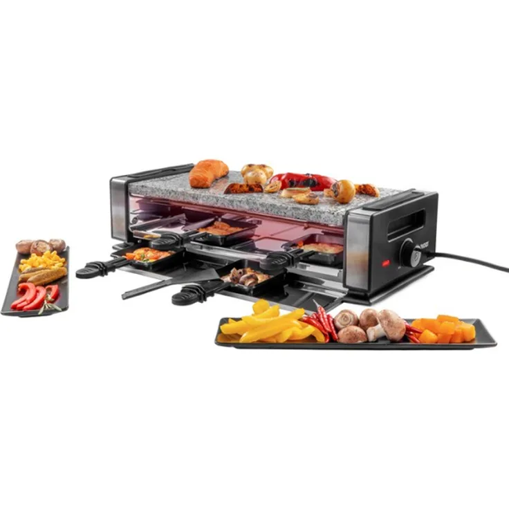 Unold 48760 Raclette Delice Basic, 1200W, Naturgrillstein, Wende Guss-Platte 38 x 19,5 cm, inkl. 8 Pfännchen, 8 Spatel, Antihaftbeschichtung, Edelstahl, Kunststoff, edelstahl, schwarz