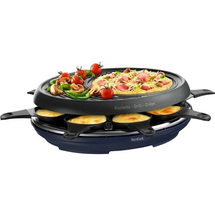 Tefal RE3104 3in1 Raclettegrill, 1050W, inkl. 8 Pfännchen, 8 Spatel, Kontrollleuchte, Saugfüße, Thermostat, Edelstahl, schwarz, silber