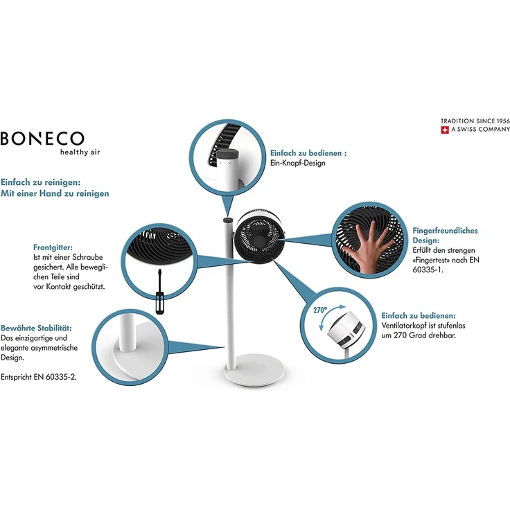 Boneco F120 Standventilator, 20 Watt, 3 Leistungsstufen, Rundsockel, weiß-schwarz – Bild 4