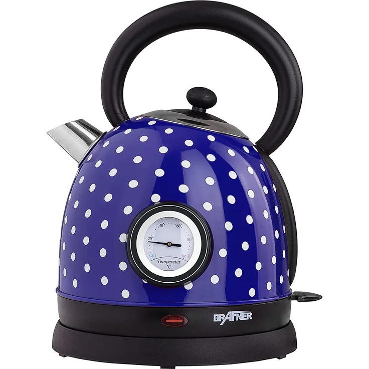 Grafner Retro Edelstahl-Wasserkocher, 2200W, 1,8L, 360°-Basis, Kalkfilter, blau mit Pünktchen