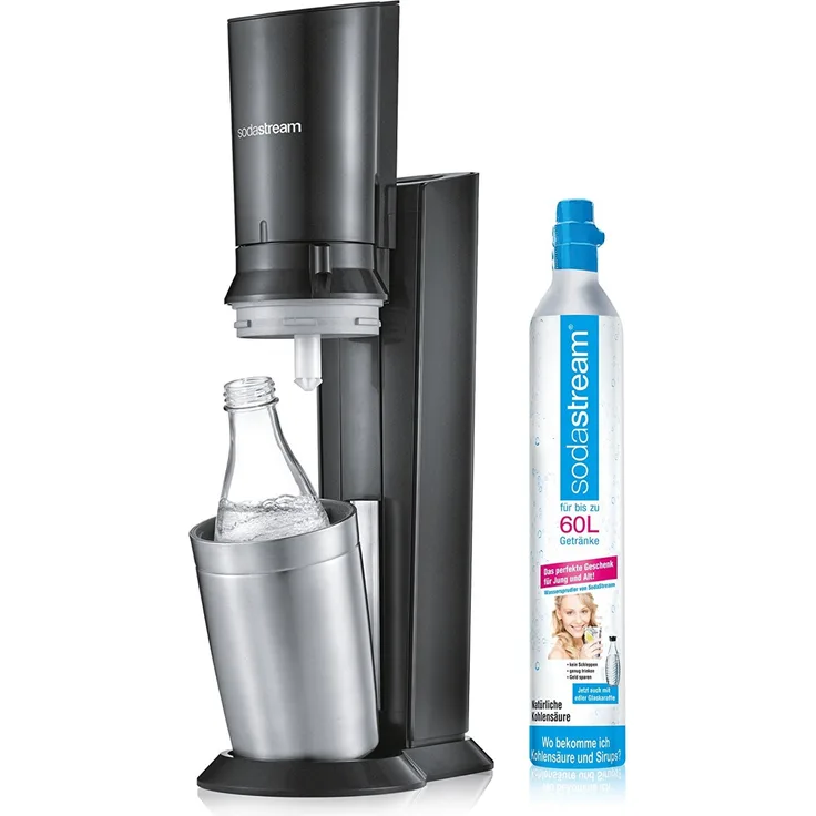 SodaStream Crystal 2.0 titan Wassersprudler mit 1 Glaskaraffe (Füllmenge: 0,6 Liter) und 1 Kohlensäure-Zylinder (Standard-Zylinder)