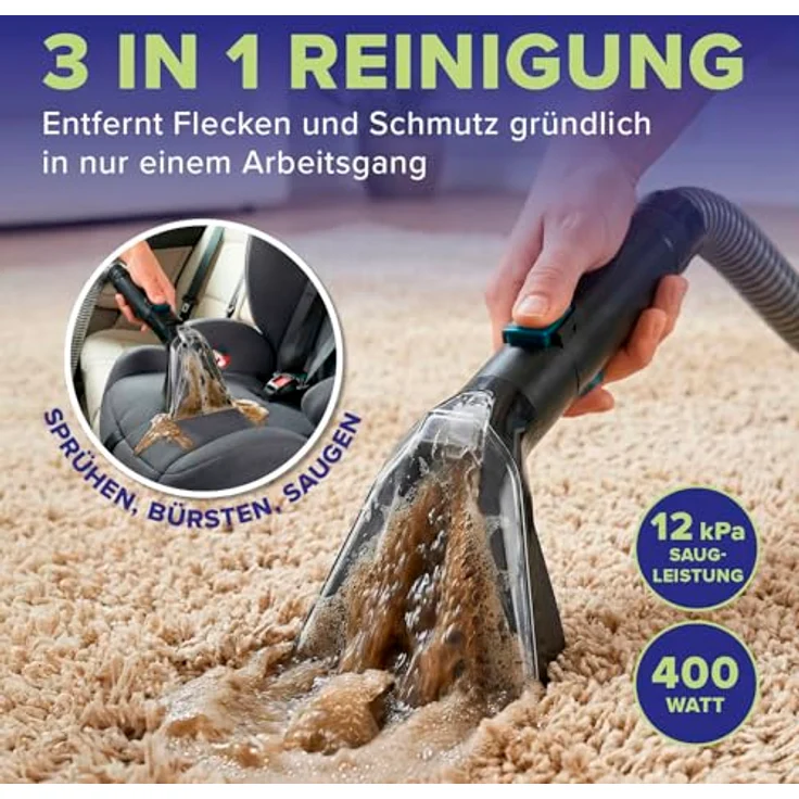 Lichterblitz Polster- & Teppichreiniger Kompakt, 3-in-1 Waschsauger mit 400 W, Nass-Trockensauger, 1,1 l Frischwassertank, selbstreinigend, leicht und tragbar – Bild 3