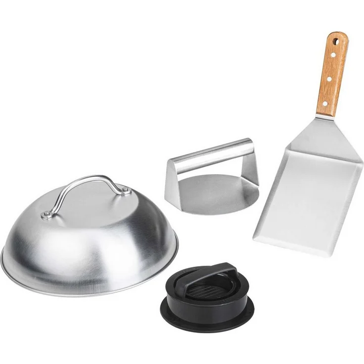 Haushalt International Burgerpresse, 4-tlg. Set mit Edelstahl und Holz, inkl. Haube, Wender und Smash Burgerpresse