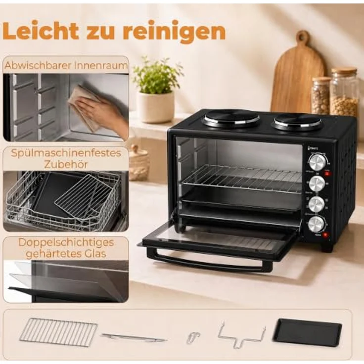 HOMCOM Minibackofen mit Umluft und 2 Kochplatten, 36L, 90-230℃, 60-Min.-Timer, Schwarz – Bild 5