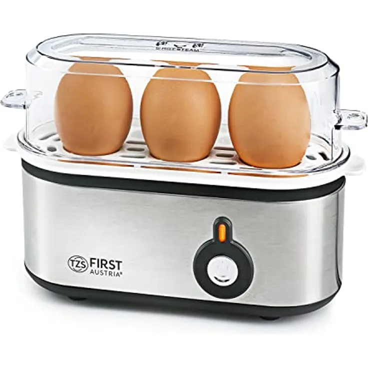 TZS First Austria Elektrischer Eierkocher 210W, 3 Eier, mit Messbecher und Eierstecher, für hartgekochte, weichgekochte, Eier
