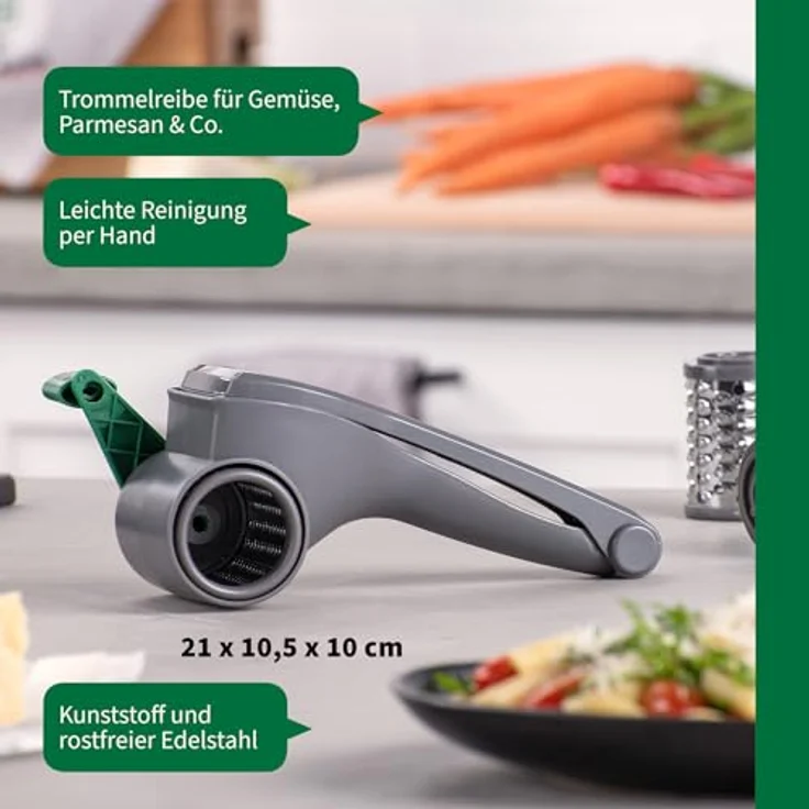 FACKELMANN Chefkoch Trommelreibe mit Kurbel, 3 Einsätzen für Gemüse, Käse und Nüsse – Leichtes Befüllen durch große Öffnung, 21 cm x 10,5 cm x 10 cm – Bild 3