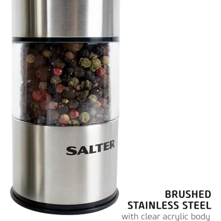 Salter Elektrische Salz- und Pfeffermühle im Set - Gebürstetes Edelstahl-Finish, Keramik-Mechanismus Ideal für Himalaya - Steinsalz, Pfeffer, Kräuter, Gewürze, kein Verschütten, einfache Handhabung – Bild 6