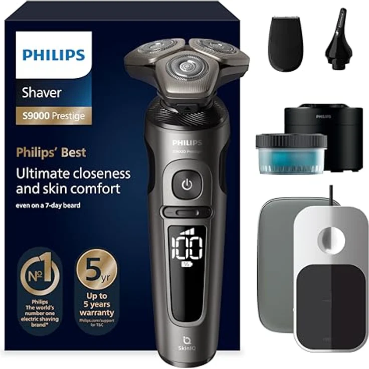 PHILIPS Shaver S9000 Prestige, elektrischer Nass- und Trockenrasierer, Gold, SkinIQ Technologie, Reiseetui, Qi-Ladepad, Präzisionstrimmer, Nasenhaartrimmer und Reinigungsstation, Modell SP9882/36 – Bild 1