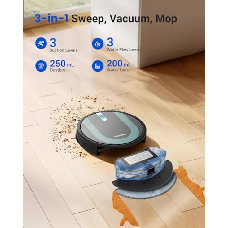 Proscenic 850T WLAN Saugroboter, Staubsauger Roboter mit Wischfunktion, 3000Pa Saugleistung auf Teppichen und Hartböden, Schwarz+blau – Bild 2