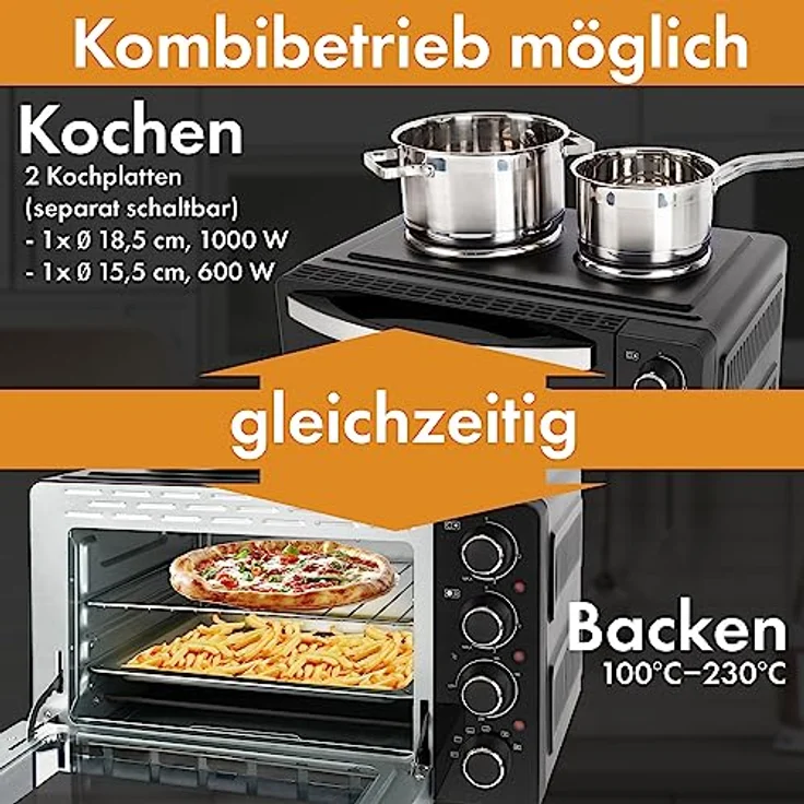 Clatronic® Mini-Backofen mit Kochplatten und Drehspieß - gleichzeitig kochen u. backen - Minibackofen 28L Umluft Ober-/Unterhitze 100°-230°C, Elektrischer Mini Ofen 3100 Watt inkl. Zubehör - KK 3786 – Bild 5