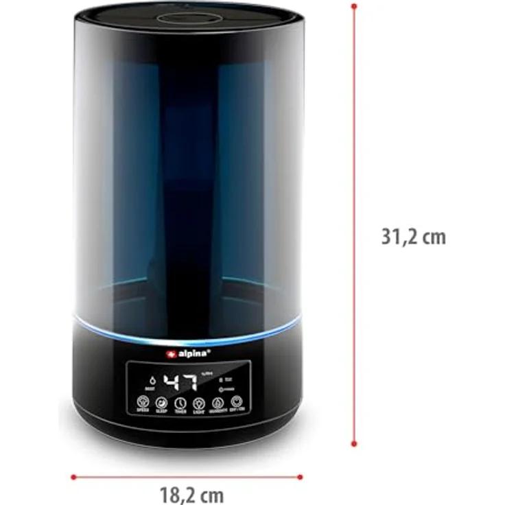 alpina Luftbefeuchter 4.3L, Humidifier mit Aroma Diffuser für Ätherische Öle, 3 Nebelstufen, Timer, Elektrische Duftlampe, Schwarz – Bild 2