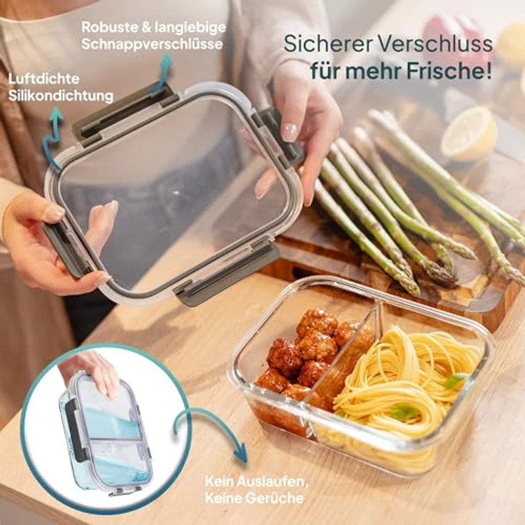 uandu Glasbehälter mit Deckel 10-teilig, Meal Prep Boxen aus Borosilikatglas, 2 Fächer, luftdicht und stapelbar, 950 ml – Bild 3