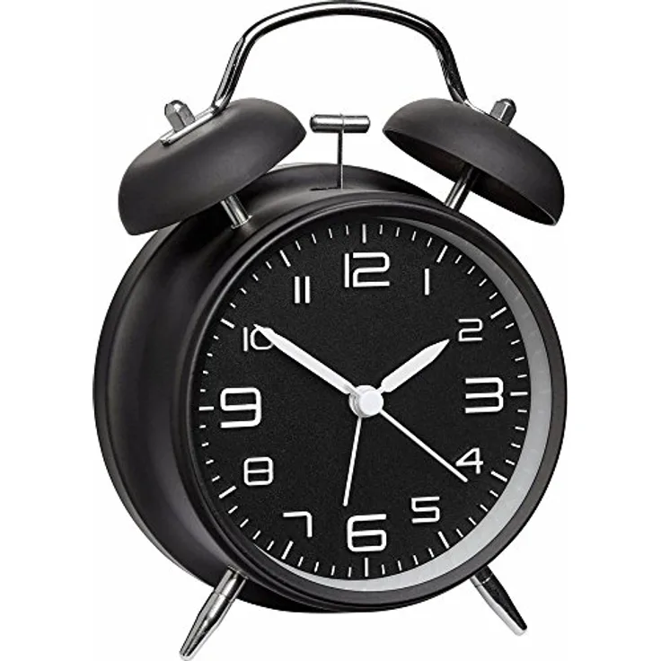 TFA Dostmann Analoger Metall-Glockenwecker 60.1025, Retro-Design mit lauter Alarm, leises Uhrwerk und Hintergrundbeleuchtung, schwarz, L 117 x B 56 x H 159 mm