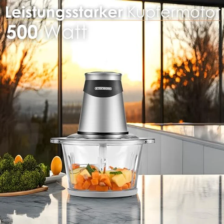 Steinborg Zerkleinerer elektrisch extra stark Multizerkleinerer Blitzhacker 500W 1,8L mit Glasbehälter - Universal-Küchenmaschine Mixer für Babykost Nüsse Gemüse Obst Fleisch – Bild 2