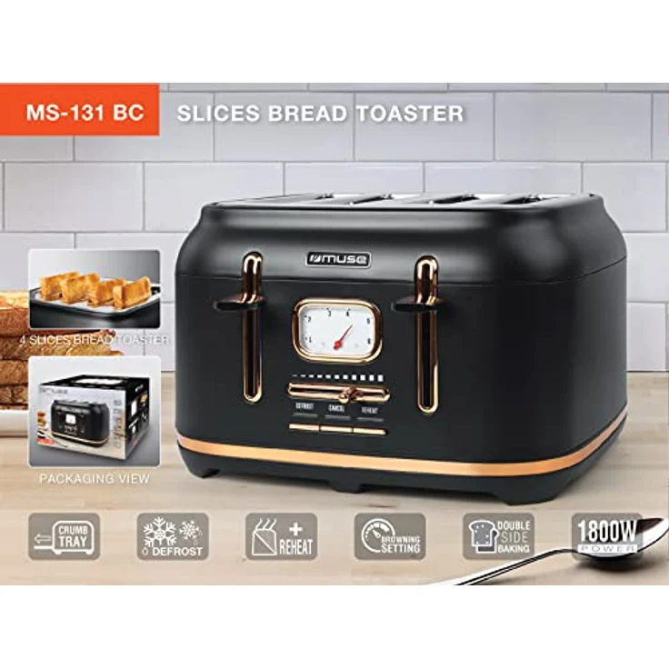 Muse Edelstahl-Toaster im schwarzen Retro Design, analoge Anzeige, beleuchtete Tasten, 6 Bräungsstufen, 4 Scheiben, MS-131 BC, Vintage Look, mit Krümelschublade – Bild 2