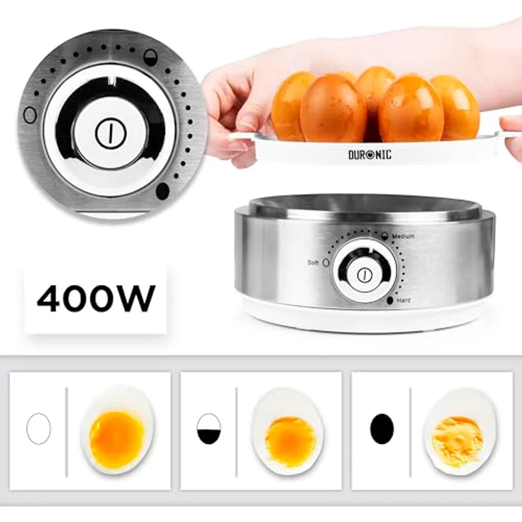 Duronic EB40 WE, Eierkocher für 1–7 Eier, 400 W mit Härtegradeinstellung, Timer, Überhitzungsschutz, inkl. Messbecher und Eipick, kompakt in Weiß – Bild 3