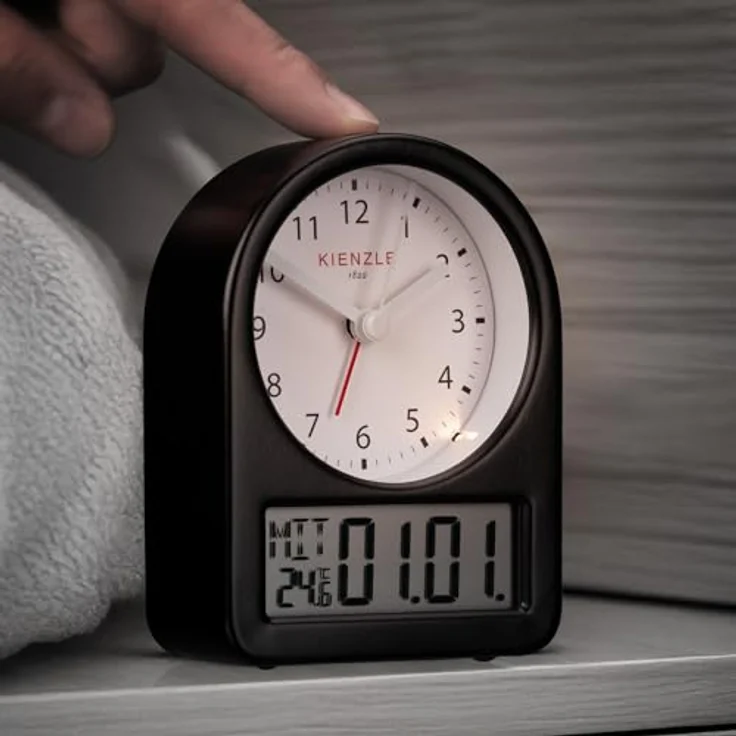 Kienzle Retro-Wecker mit analogem Ziffernblatt, digitalem Display für Datum & Temperatur, Metallgehäuse, batteriebetrieben, kompakt – Bild 2