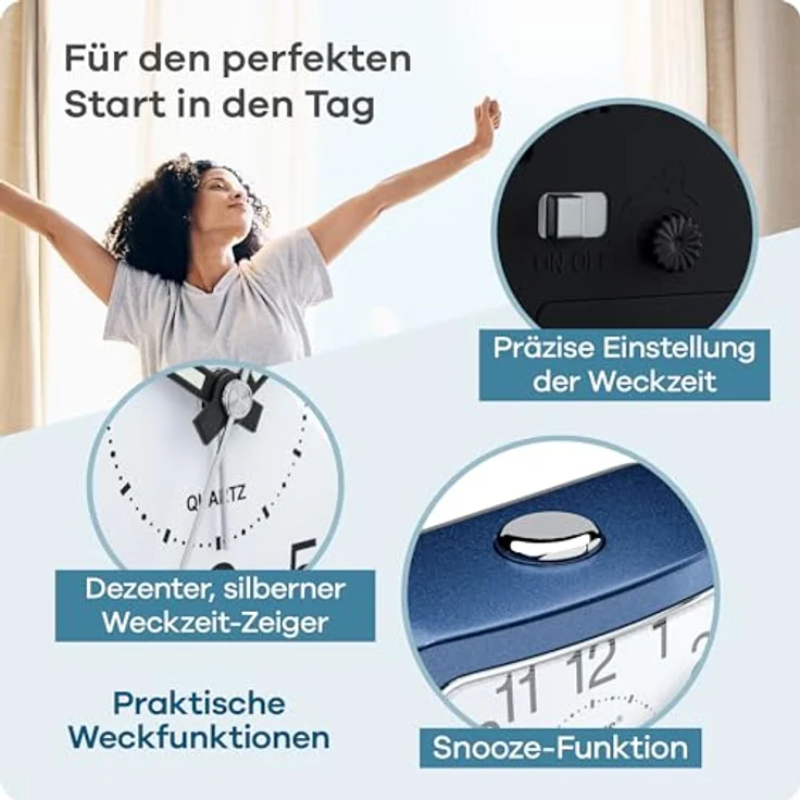 Mebus Quarzwecker Modell 26158, geräuscharm ohne Ticken, Leuchtzeiger, Alarm mit Snooze-Funktion, Zifferblattbeleuchtung, Farbe: Blau – Bild 3