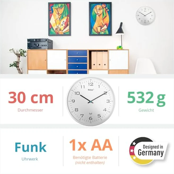 Mebus Funk-Wanduhr Modell 13080, 30 cm, lautlos, weißer Rahmen und weißes Zifferblatt, ideal für Wohnzimmer und Küche – Bild 4