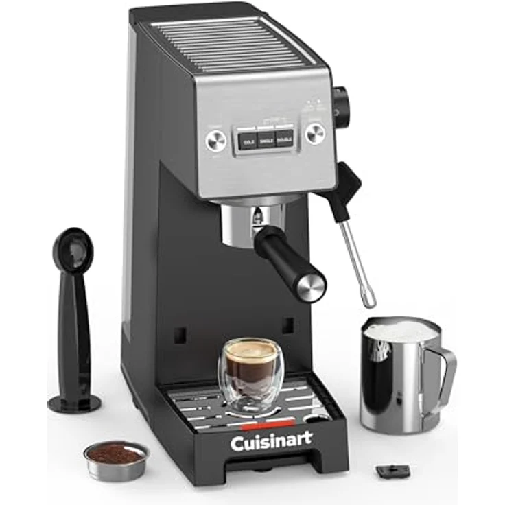 Cuisinart Espresso Machine Slim, Siebträgermaschine mit 15 Bar Pumpendruck und Dampfdüse, Schwarz und Silber – Bild 2