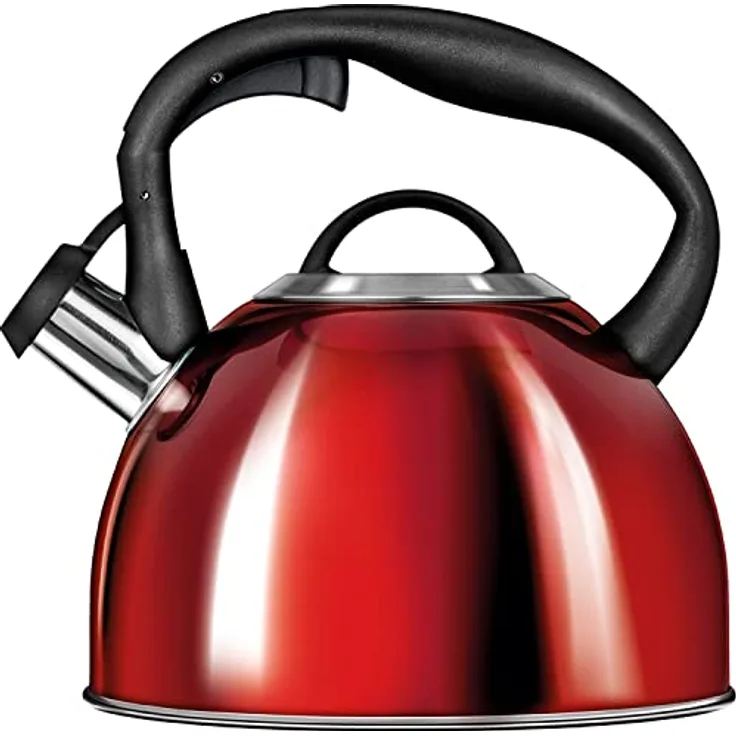 SMILE MCN-13/C1 Wasserkocher Nicht-elektrisch, für alle Herdarten inkl. Induktion, 3 l, Rostfreier Stahl, Nicht-wärmer Griff, Benötigte Temperatur Pfeife Rot Glanz