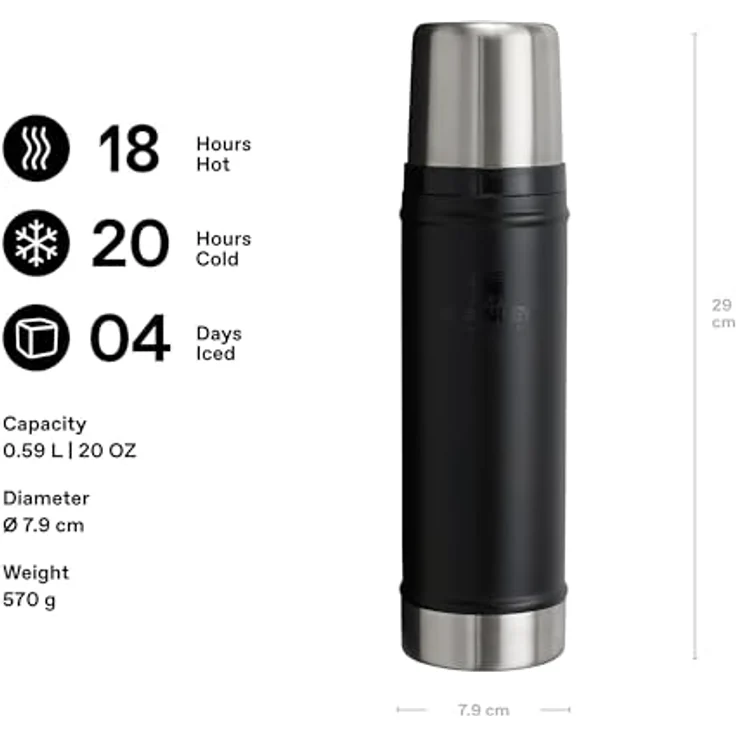 Stanley 1913 Classic Legendary Thermosflasche 0.59L, Edelstahl, 18 Stunden heiß oder kalt, BPA-frei, spülmaschinenfest, Black 2.0 – Bild 2