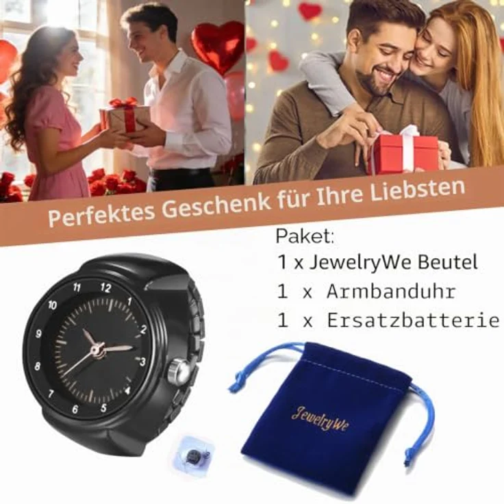 JewelryWe Ringuhr, elastische Fingeruhr mit analogem Quarzwerk, Schwarz Edelstahl, Unisex Design für Damen und Herren – Bild 3