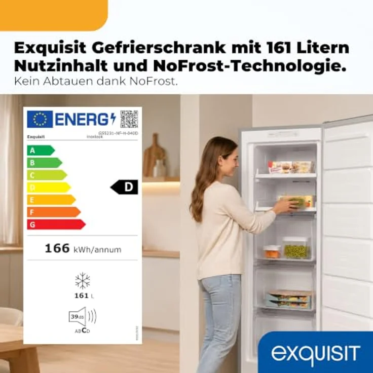 Exquisit GS5231-NF-H-040D Gefrierschrank, 161 l, No Frost, Energieklasse D, 39 dB, inoxlook – Bild 2