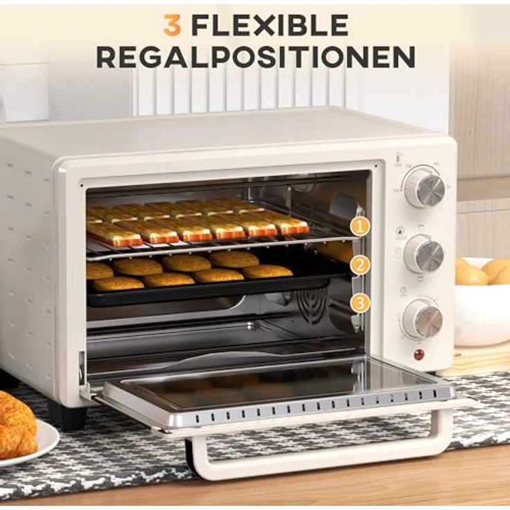 HOMCOM Mini Backofen 21L Pizza-Ofen, Miniofen mit 1h Timer, Ofenrost, 100-230 ℃, Metall, Creme – Bild 4