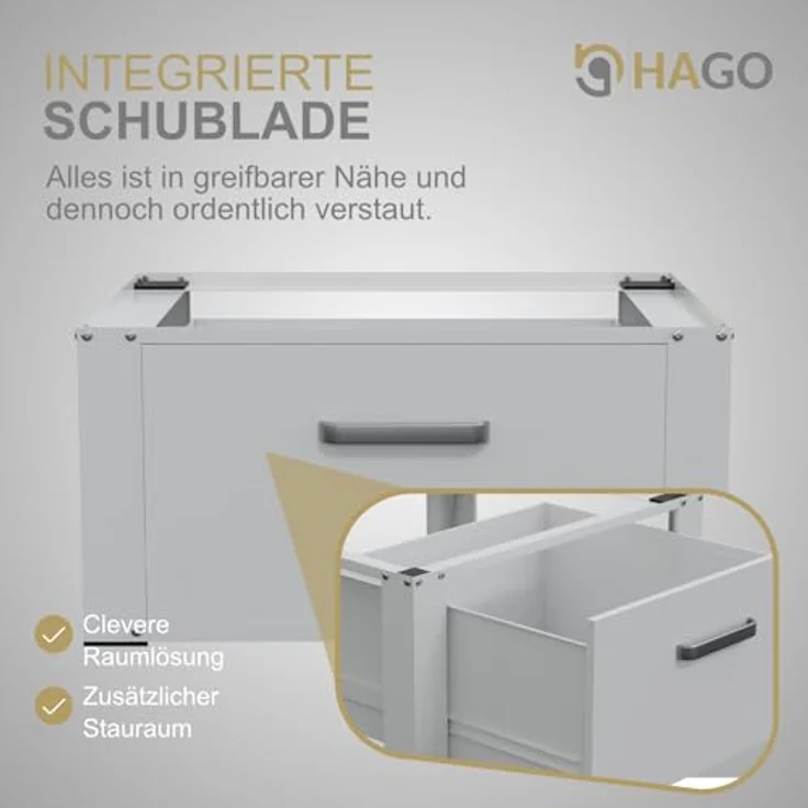 HAGO24 | Waschmaschinenuntergestell | Podest mit Schublade und Ablage | 150kg Traglast | Rückenschonend | Weiß | Aluminiumgriff – Bild 3