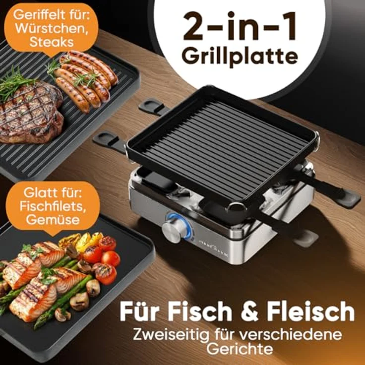 ProfiCook® Raclette PC RG 1301, Raclette-Grill für 4 Personen mit 4 Pfännchen, Wendegussplatte, stufenlos regelbarem Thermostat und 800 Watt Leistung – Bild 2