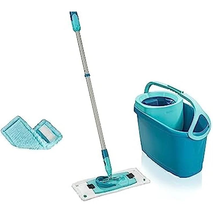 Leifheit Set Clean Twist Flachwischer Ergo 2.0, Bodenwischer mit 1x Mikrofaser Bezug für alle glatten Böden & 1x elektrostatischem Staubtuch, Wischmopp mit Click-System, Mop mit Schleudertechnologie – Bild 1