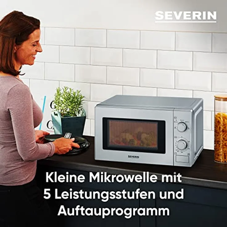 Severin MW 7899 Mikrowelle, Standgerät, Garraum 20L, 700W, 5 Leistungsstufen, Auftauprogramm, Timer, silber – Bild 3