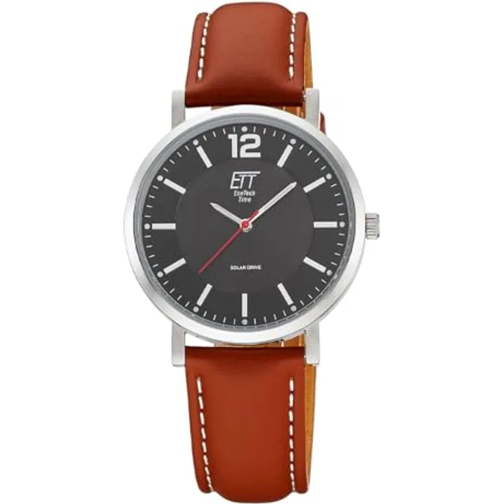 ETT Eco Tech Time Solar Herren Uhr Analog, Edelstahlgehäuse, braunes Zifferblatt, wasserdicht bis 5 Bar, umweltfreundlich