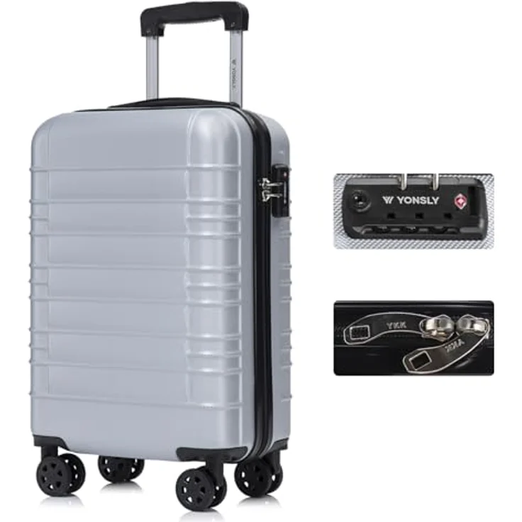 YONSLY Premium Reisekoffer M, TSA-Schloss, YKK-Reißverschluss, Hartschalen-Trolley Handgepäck, 4 Rollen, Silber – Bild 1