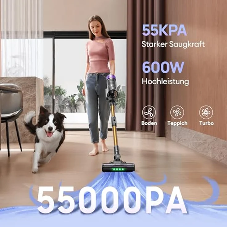 Ultenic U20, Akku Staubsauger mit 55000Pa Saugkraft, 600W Motor, 60Min Laufzeit, selbststehendes Design, flexibles Biegegelenk, GreenEye-Technologie, Anti-Tangle Bodenbürste für Hartböden und Teppiche, ideal für Tierhaare – Bild 2