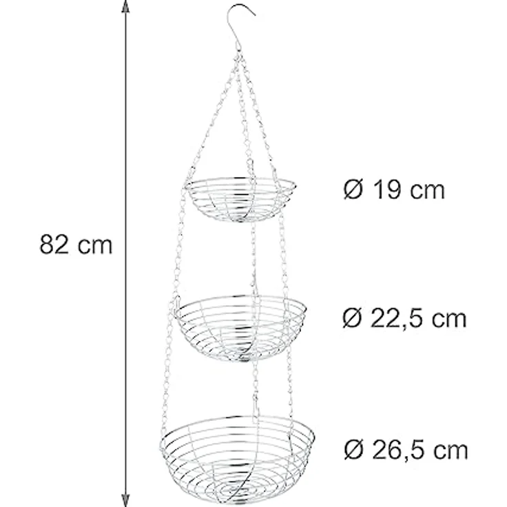 Relaxdays Obstkorb hängend, HxD: 82 x 26,5 cm, 3 Etagen, Metall, runder Hängekorb für Obst & Gemüse, Obstschale, Silber – Bild 4