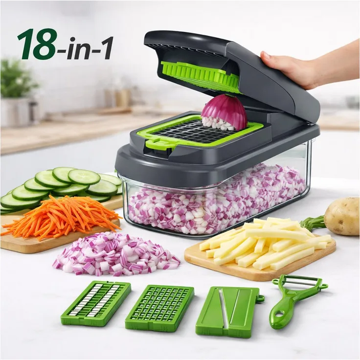 JASLIFE 18-in-1 Gemüseschneider Set, Manueller Küchenhelfer mit Edelstahlklingen, Behälter und Handschutz