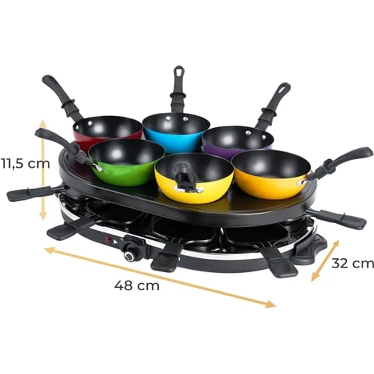 KLAMER Raclette-Wok 1200 W – Raclette Grill mit 6 Wokpfännchen, 8 Raclettepfännchen, Antihaftbeschichtung, stufenloser Temperaturregler, inkl. Holzspatel & digitalem Rezeptbuch – Bild 3